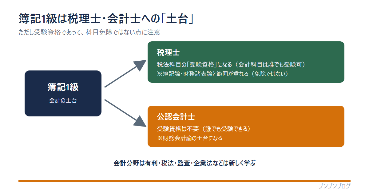 簿記1級は税理士・公認会計士への土台の図。簿記1級（会計の土台）から、税理士は税法科目の受験資格になる（会計科目は誰でも受験可・簿記論や財務諸表論と範囲が重なるが免除ではない）、公認会計士は受験資格は不要（誰でも受験でき、財務会計論の土台になる）。会計分野は有利だが税法・監査・企業法などは新しく学ぶ